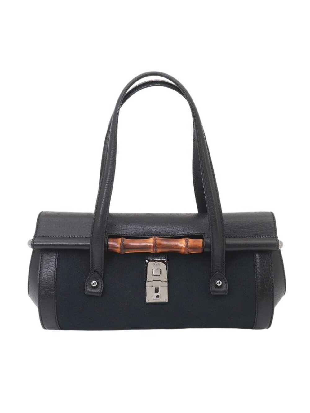 Gucci Banboo Hand Bag GG Canvas Leather Black Silver
